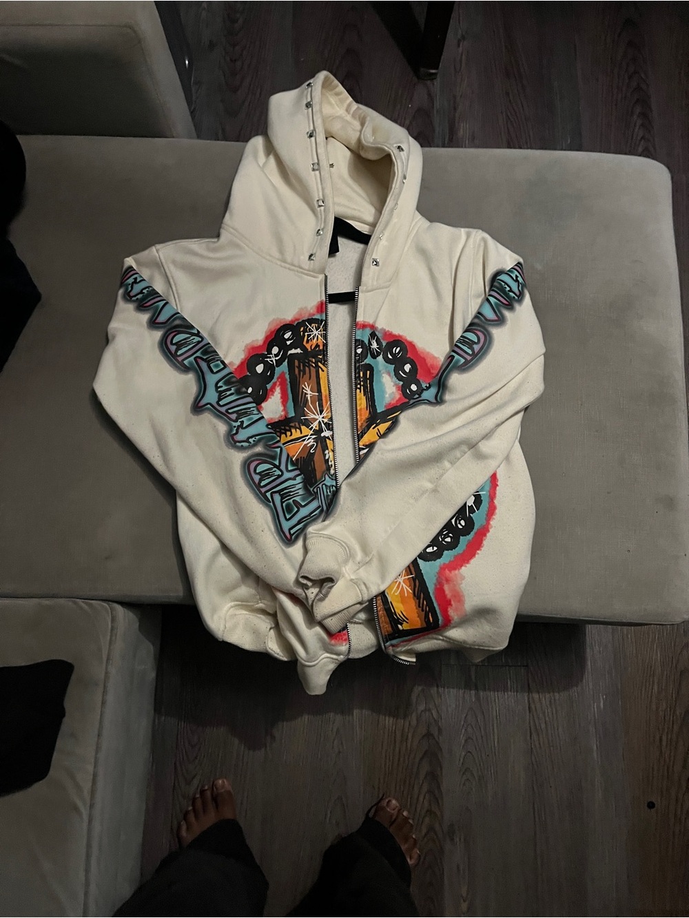 & Other Stories Cream Zip-Up Hoodie with Multicolor Graphic